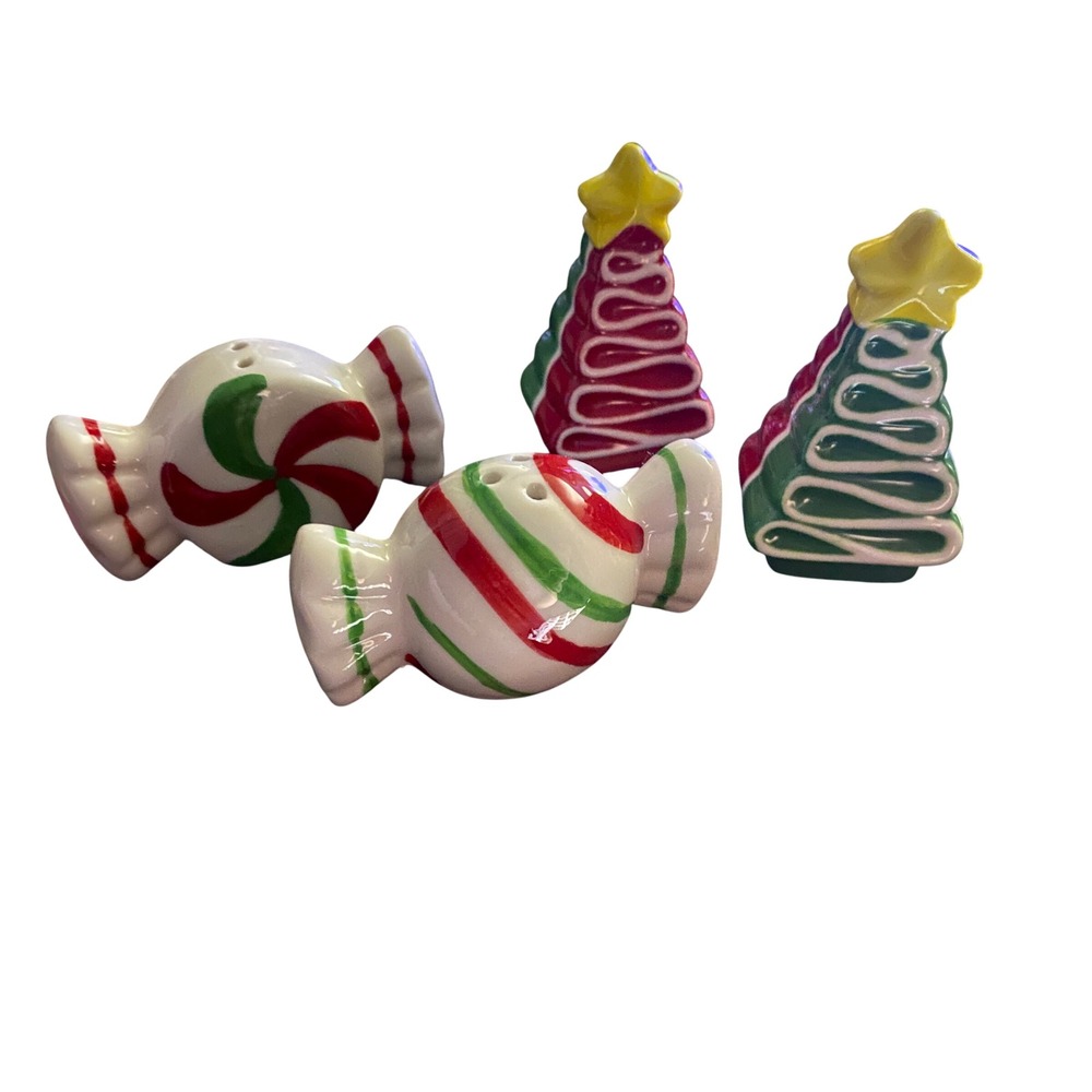 Cracker Barrel Christmas Salt and Pepper Shakers Peppermint Candy Tree 4pc Set